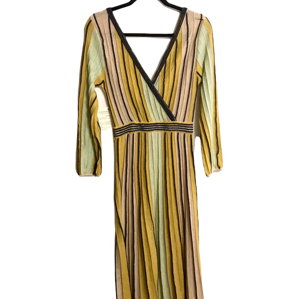 Long Sleeve Deep V Shimmer Stripe Midi Dress NWT